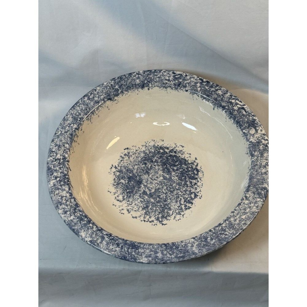 ANTIQUE BLUE & WHITE SPONGEWARE STONEWARE 12 1/4" BOWL Early 1900's Pottery EUC!